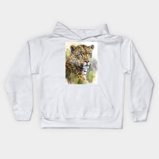 Watercolor Leopard  Portrait on an Abstract green Jungle Background Kids Hoodie